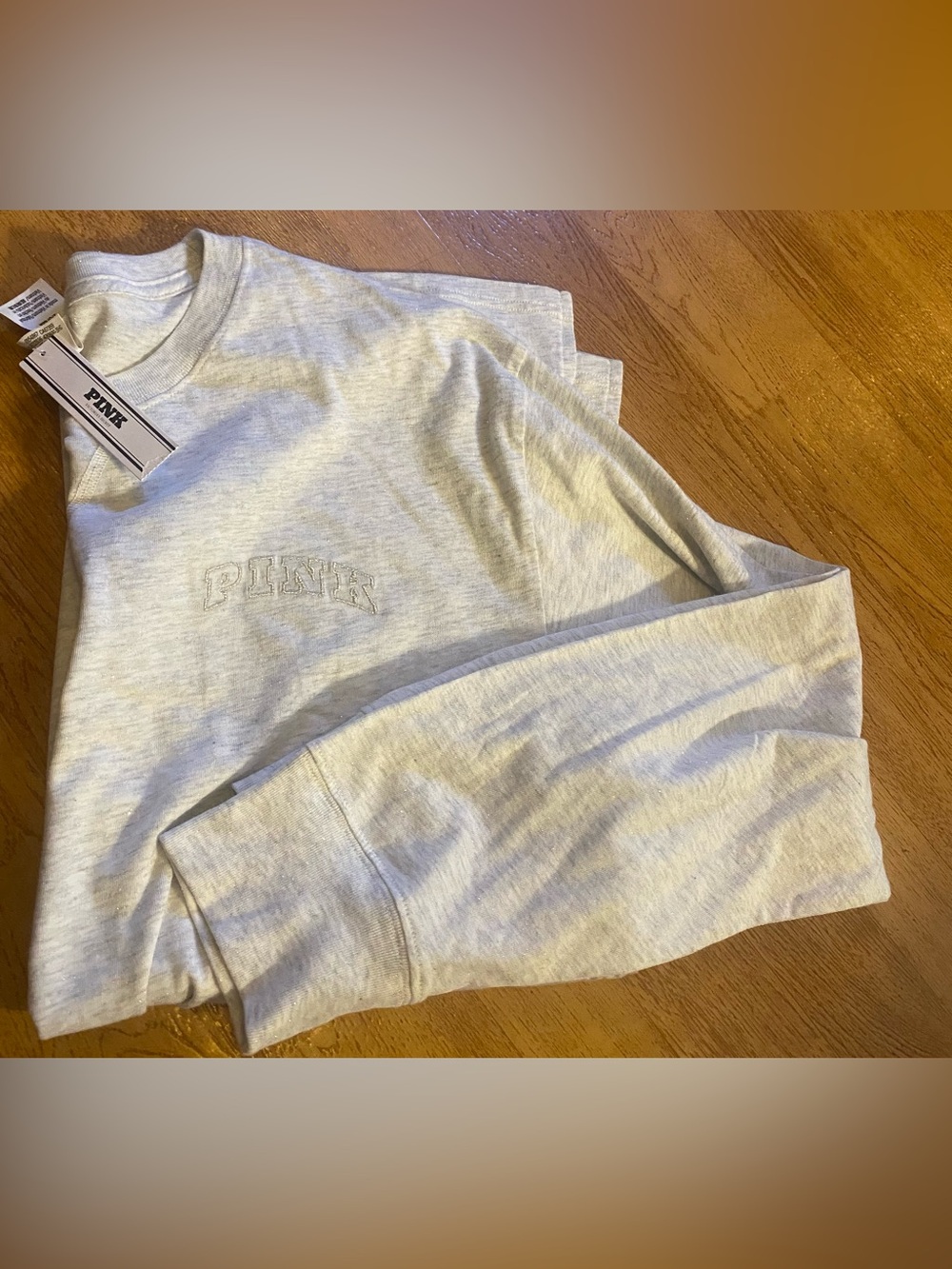 Victoria's Secret PINK Shimmer Campus Long Sleeve Tee Shirt Grey Silver Sparkle